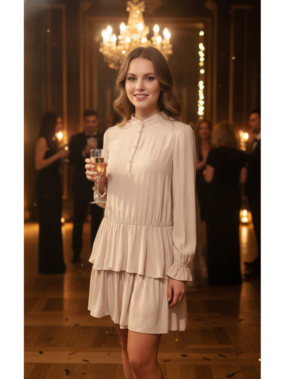 Leeway Beige Long Sleeve Tiered Dress Size M